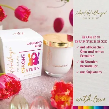 Frohe Ostern Häschen (Rosenduft) - Duftkerze, 40h Raumduft Sojawachs