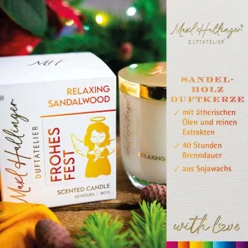 Frohes Fest Engel (Sandelholz) - Duftkerze, 40h Raumduft Sojawachs