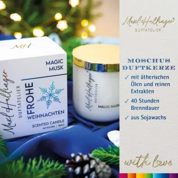 Frohe Weihnachten Glitzerschnee (Moschus) - Duftkerze, 40h Raumduft Sojawachs