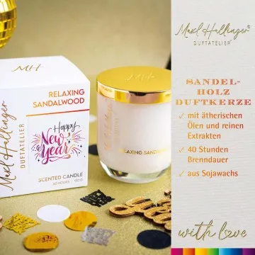 Happy New Year pink orange (Sandelholz) - Duftkerze, 40h Raumduft Sojawachs