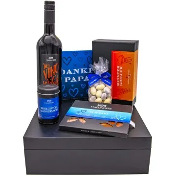 Vatertag blue (großes Mitbringsel Schokolade, Pralinen, Wein, Gewürze & Nougatmandeln) - Feinkost-Set, XXL-Geschenkkorb Gourmet