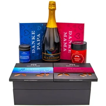 Mama & Papa Box white (großes Mitbringsel Schokolade, Pralinen, Sekt, Tee & Gewürze) - Feinkost-Set, XXL-Geschenkkorb Gourmet