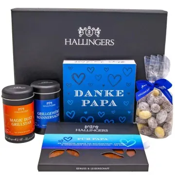 Vatertag Box blue (großes Mitbringsel Schokolade, Pralinen, Gewürze & Nougatmandeln) - Feinkost-Set, XXL-Geschenkkorb Gourmet