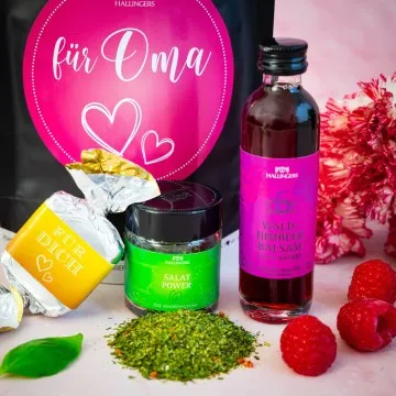 Für Oma (kleines Mitbringsel Nougat-Busserl, Waldhimbeerbalsam & Gewürz) - Feinkost-Set, Gourmet-Auswahl Wundertüte