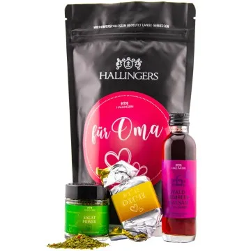 Für Oma (kleines Mitbringsel Nougat-Busserl, Waldhimbeerbalsam & Gewürz) - Feinkost-Set, Gourmet-Auswahl Wundertüte