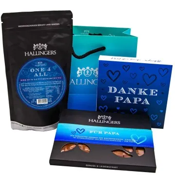 Vatertag Bag blue (großes Mitbringsel Schokoladen-Tafel, 9er-Pralinen & Gewürze-Rub) - Feinkost-Set, Gourmet-Auswahl XL