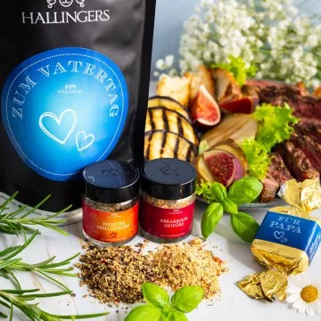 Zum Vatertag (kleines Mitbringsel Nougat-Busserl & Grill-Gewürze im Miniglas) - Feinkost-Set, Gourmet-Auswahl Wundertüte