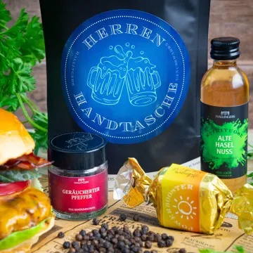 Herrenhandtasche (kleines Mitbringsel Nougat-Busserl, Haselnuss-Likör & Pfeffer) - Feinkost-Set, Gourmet-Auswahl Wundertüte