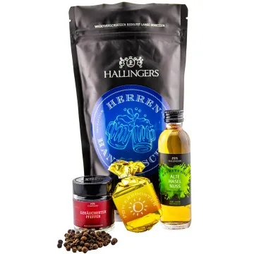 Herrenhandtasche (kleines Mitbringsel Nougat-Busserl, Haselnuss-Likör & Pfeffer) - Feinkost-Set, Gourmet-Auswahl Wundertüte