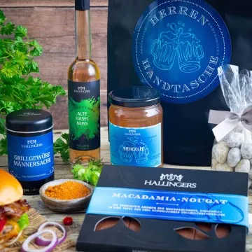 Herrenhandtasche XXL (großes Mitbringsel Haselnusslikör, Gewürz, Biergelée & Nougat-Mandeln) - Feinkost-Set, XXL-Wundertüte Gourmet