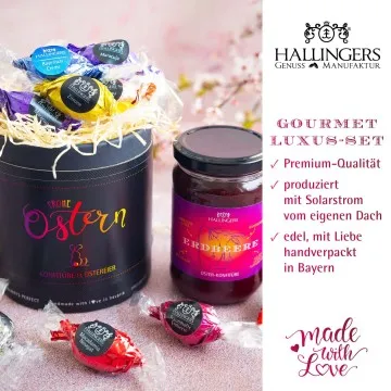 Frohe Ostern black XXL (großes Osternest mit 17 Pralinen-Ostereiern & Erdbeer-Konfitüre) - Feinkost-Set, Gourmet-Auswahl XXL