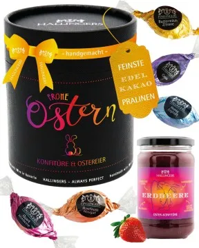 Frohe Ostern black XXL (großes Osternest mit 17 Pralinen-Ostereiern & Erdbeer-Konfitüre) - Feinkost-Set, Gourmet-Auswahl XXL