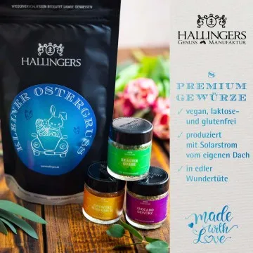 Kleiner Ostergruß blue (kleines Osternest Pralinen-Ostereier & Oster-Avocadogewürz) - Feinkost-Set, Gourmet-Auswahl Wundertüte