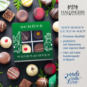 Frohe Weihnachten - Klein No. 01 (großes Mitbringsel KerzenscheinTee Tafel Schokolade & 4er Pralinen) - Feinkost-Set, Gourmet-Auswahl XL