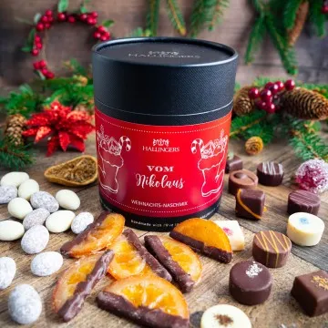 Vom Nikolaus XXL (großes Mitbringsel Pralinen, Nougat-Mandeln & schokolierte Orangenscheiben) - Feinkost-Set, Gourmet-Auswahl XXL