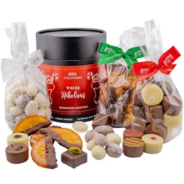 Vom Nikolaus XXL (großes Mitbringsel Pralinen, Nougat-Mandeln & schokolierte Orangenscheiben) - Feinkost-Set, Gourmet-Auswahl XXL