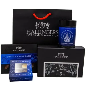 Frohe Weihnachten - Groß No. 01 (großes Mitbringsel Tafel Schokolade Pralinen Nougat-Mandeln & Tee) - Feinkost-Set, Gourmet-Auswahl XXL