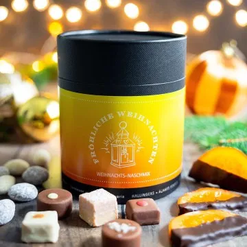 Fröhliche Weihnachten XXL (großes Mitbringsel Pralinen Nougat-Mandeln & schokolierte Orangen) - Feinkost-Set, Gourmet-Auswahl XXL