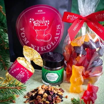 Vom Nikolaus (kleines Mitbringsel Nougat-Busserl Fruchtsaftbärchen & Xmas-Tee) - Feinkost-Set, Gourmet-Auswahl Wundertüte