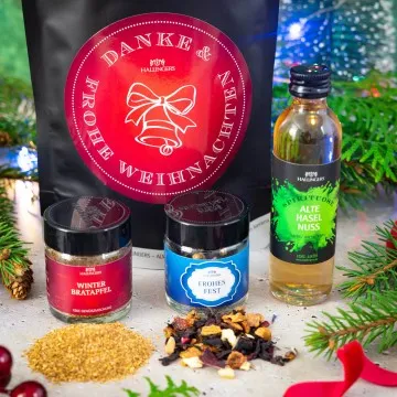 Danke & Frohe Weihnachten (kleines Mitbringsel Winterbratapfel, Nusslikör & Gewürz) - Feinkost-Set, Gourmet-Auswahl Wundertüte