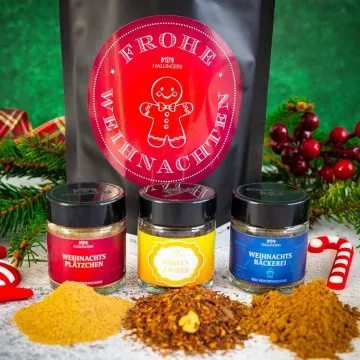 Frohe Weihnachten (kleines Mitbringsel 2 Weihnachts-Gewürze & 1 Wintertee im Glas) - Feinkost-Set, Gourmet-Auswahl Wundertüte