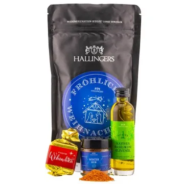 Fröhliche Weihnachten (kleines Mitbringsel mit Nougat-Busserl Oliven-Öl & Gewürz) - Feinkost-Set, Gourmet-Auswahl Wundertüte