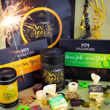 Happy New Year XXL (großes Mitbringsel Schokoko-Tafeln Nougat-Busserl Pralinen & Gewürz) - Feinkost-Set, XXL-Wundertüte Gourmet
