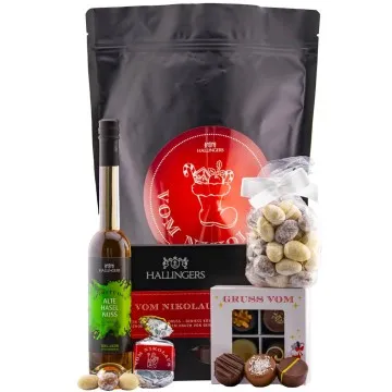 Vom Nikolaus XXL (großes Mitbringsel Schokolade, Pralinen, Mandeln, Nougat & Haselnusslikör) - Feinkost-Set, XXL-Wundertüte Gourmet