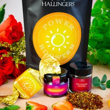 Power Booster (kleines Mitbringsel Nougat-Busserl, Bolognese-Gewürz & Konfitüre) - Feinkost-Set, Gourmet-Auswahl Wundertüte
