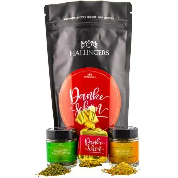 Dankeschön (kleines Dankeschön Nougat-Busserl, Salatgewürz & Gratin-Gewürz) - Feinkost-Set, Gourmet-Auswahl Wundertüte