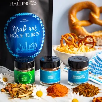 Gruß aus Bayern (kleines Mitbringsel zünftig Kräutertee, Hendl- & Kräuterbuttergewürz) - Feinkost-Set, Gourmet-Auswahl Wundertüte