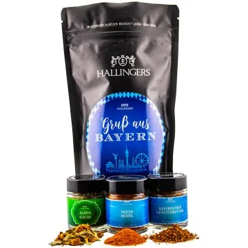 Gruß aus Bayern (kleines Mitbringsel zünftig Kräutertee, Hendl- & Kräuterbuttergewürz) - Feinkost-Set, Gourmet-Auswahl Wundertüte