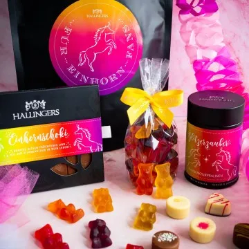 Für Einhorn Fans XXL (großes Mitbringsel Tafel Schokolade, Pralinen & große Fruchtsaftbärchen) - Feinkost-Set, XXL-Wundertüte Gourmet