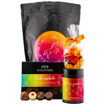 Für Einhorn Fans XXL (großes Mitbringsel Tafel Schokolade, Pralinen & große Fruchtsaftbärchen) - Feinkost-Set, XXL-Wundertüte Gourmet