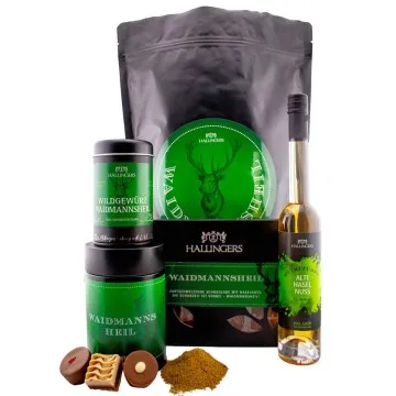 Waidmannsheil XXL (großes Mitbringsel Schokolade, Pralinen, Wild-Gewürz & Haselnuss-Likör) - Feinkost-Set, XXL-Wundertüte Gourmet