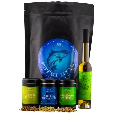 Petri Heil XXL (großes Mitbringsel Zitronen-Pfeffer, Fischgeürz, Salz & Basilikum-Olivenöl) - Feinkost-Set, XXL-Wundertüte Gourmet