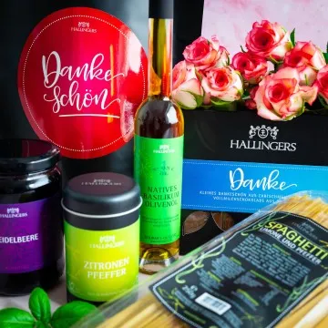 Dankeschön XXL (großes Mitbringsel Schokolade, Spaghetti, Pfeffer, Olivenöl & Konfitüre) - Feinkost-Set, XXL-Wundertüte Gourmet