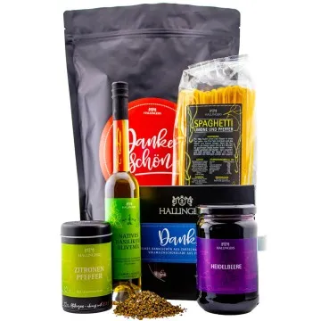 Dankeschön XXL (großes Mitbringsel Schokolade, Spaghetti, Pfeffer, Olivenöl & Konfitüre) - Feinkost-Set, XXL-Wundertüte Gourmet