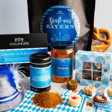 Gruß aus Bayern XXL (großes Mitbringsel Schoklade, 4er Pralinen, Kräuterbutter & Biergelée) - Feinkost-Set, XXL-Wundertüte Gourmet