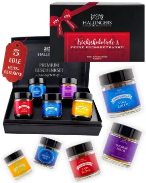 Trinkschokolade & feine Heißgetränke (Mitbringsel  Trinkschokis & Gewürze) - Trinkschokolade-Set, 5x Miniglas Geschenkbox