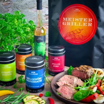 Meistergriller XXL (großes Grillparty-Mitbringsel Haselnusslikör, Gewürz, Magic Dust & Pfeffer) - Feinkost-Set, XXL-Wundertüte Gourmet