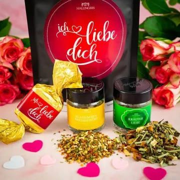 Ich liebe Dich (kleiner Liebesgruß mit Nougat-Busserl, Kräutertee & Pastagewürz) - Feinkost-Set, Gourmet-Auswahl Wundertüte