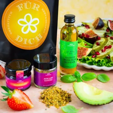 Für Dich (kleiner Liebesgruß Avocado-Gewürz BasilikumOlivenöl & Erdbeerkonfitüre) - Feinkost-Set, Gourmet-Auswahl Wundertüte