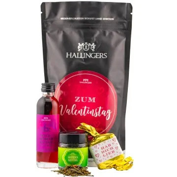 Zum Valentinstag pink (kleiner Liebesgruß Nougat-Busserl Himbeerbalsam & Grüner Tee) - Feinkost-Set, Gourmet-Auswahl Wundertüte