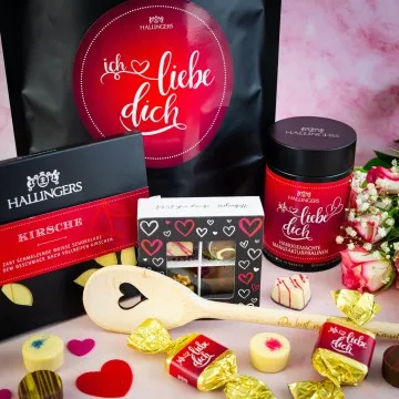 Ich liebe Dich XXL (großer Liebesgruß Pralinen, Nougat-Busserl, Tafel Schokolade & Kochlöffel) - Feinkost-Set, XXL-Wundertüte Gourmet