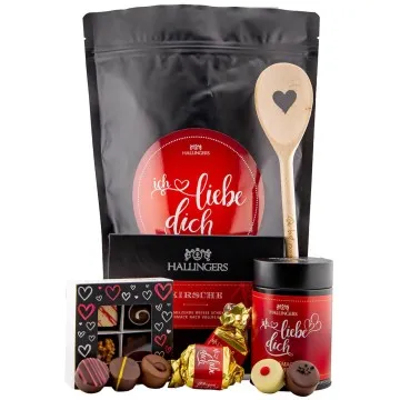 Ich liebe Dich XXL (großer Liebesgruß Pralinen, Nougat-Busserl, Tafel Schokolade & Kochlöffel) - Feinkost-Set, XXL-Wundertüte Gourmet