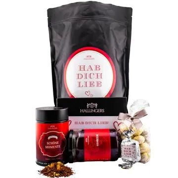 Hab Dich lieb XXL (großer Liebesgruß Konfitüre, Tee, Nougat-Busserl, Mandeln, Schoki & mehr) - Feinkost-Set, XXL-Wundertüte Gourmet