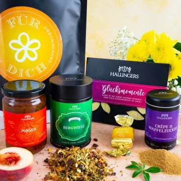 Für Dich XXL (großer Liebesgruß Konfitüre, Tee, Nougat, Gewürz, Schoki & Pfannenwender) - Feinkost-Set, XXL-Wundertüte Gourmet