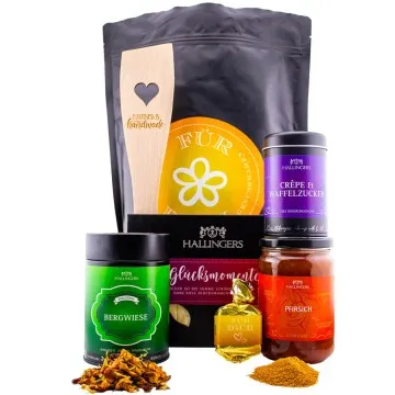 Für Dich XXL (großer Liebesgruß Konfitüre, Tee, Nougat, Gewürz, Schoki & Pfannenwender) - Feinkost-Set, XXL-Wundertüte Gourmet