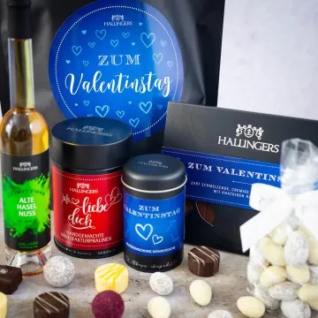 Zum Valentinstag blue XXL (großer Liebesgruß Haselnuss-Likör Nougat Pralinen Schokolade & Gewürz) - Feinkost-Set, XXL-Wundertüte Gourmet